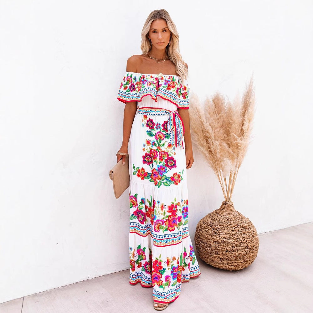 Women’s Maxi Dress – Off-Shoulder Ruffle Top – Floral Print – Cotton Blend – Belted Fit
