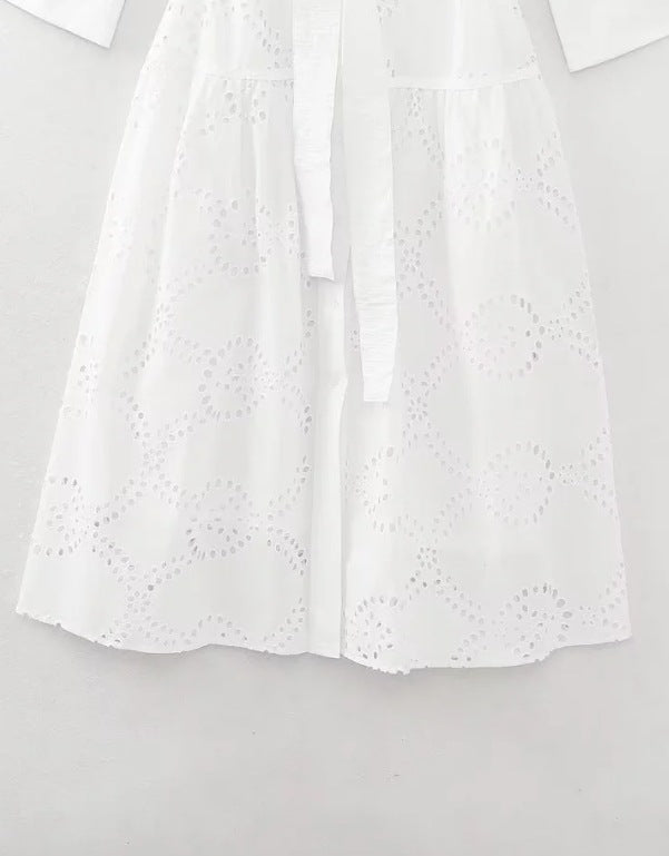 Women’s Midi Dress – Broderie Anglaise – Relaxed Fit – Belted Waist – Button Front