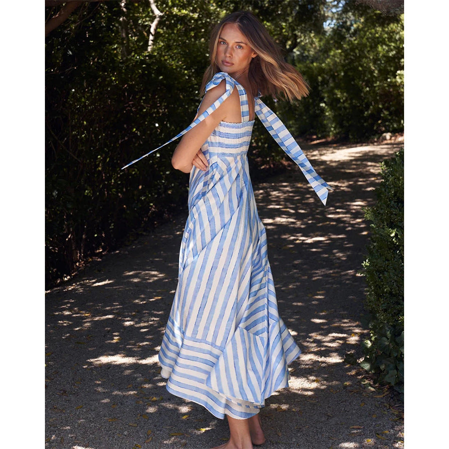 Women’s Maxi Dress – Cotton Blend – Smocked Bodice – Tie Straps – Striped Flowy Skirt