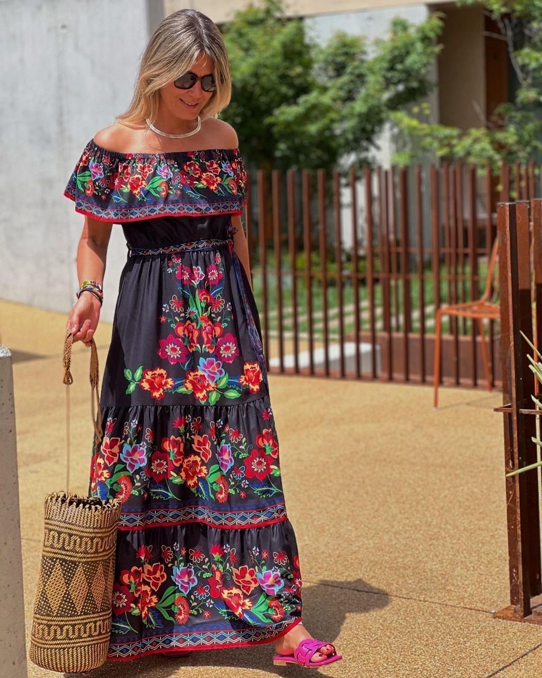 Women’s Maxi Dress – Off-Shoulder Ruffle Top – Floral Print – Cotton Blend – Belted Fit