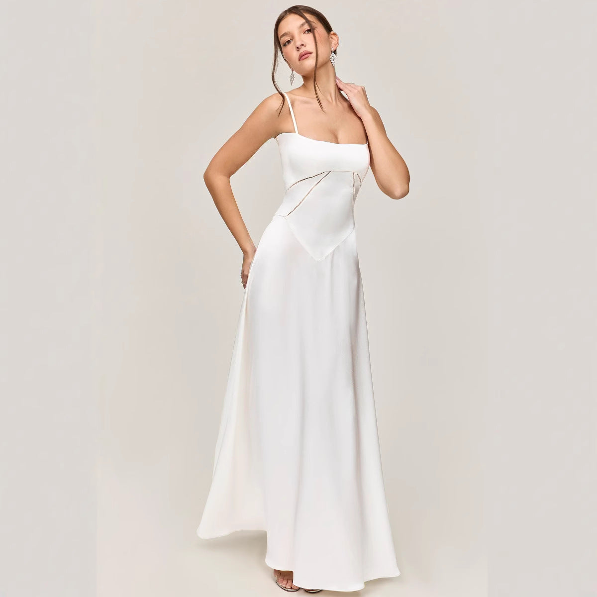 Women’s Midi Dress – Slim Fit – Satin Feel – Lace Panel – A-Line – Spaghetti Strap