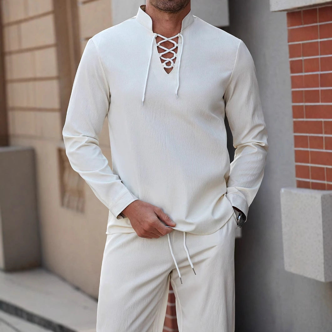 Men’s Henley Shirt – Cotton Linen Blend – Lace-Up Chest – Relaxed Fit – Band Collar