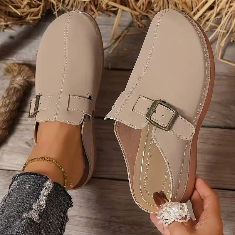 Women’s Wedge Mule Sandals – Closed Toe – Faux Leather – Buckle Detail – Cushioned Sole