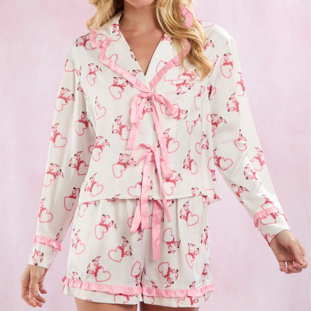 Women’s Pajama Set – Satin Finish – Relaxed Fit – Bow Top – Ruffle Trim Shorts