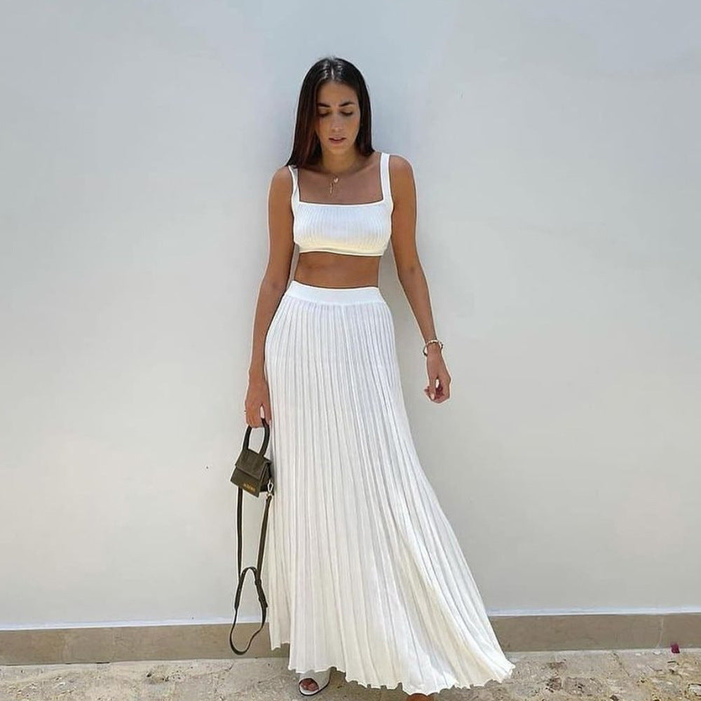 Women’s Knit Tank Top Set – Slim Fit Crop Top – Square Neck – Pleated Maxi Skirt