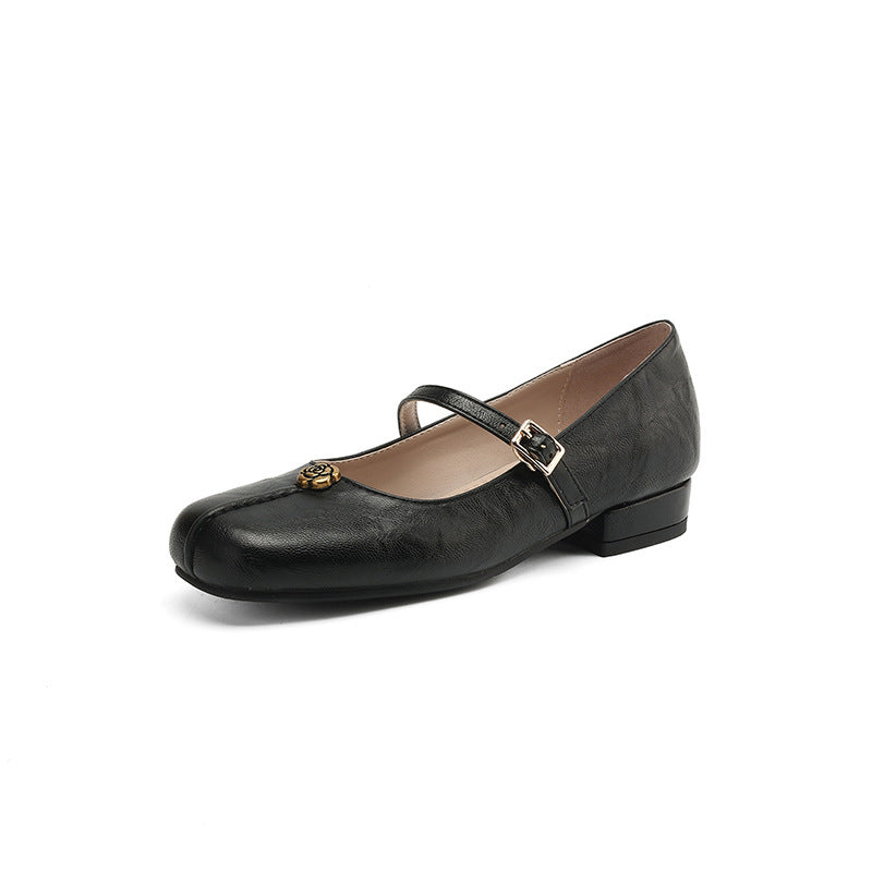 Women’s Flat Shoes – Square Toe – Leather-Look – Buckle Strap – Block Heel Comfortable Fit