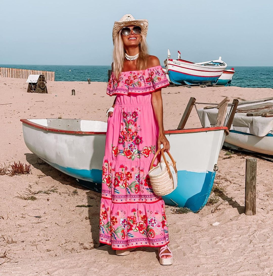 Women’s Maxi Dress – Off-Shoulder Ruffle Top – Floral Print – Cotton Blend – Belted Fit