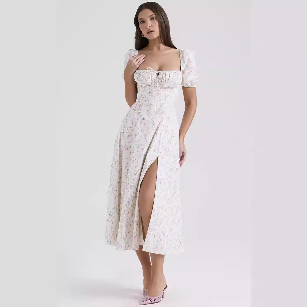 Women’s Midi Dress – Lightweight Cotton – A-Line Fit – Puff Sleeve – Square Neck