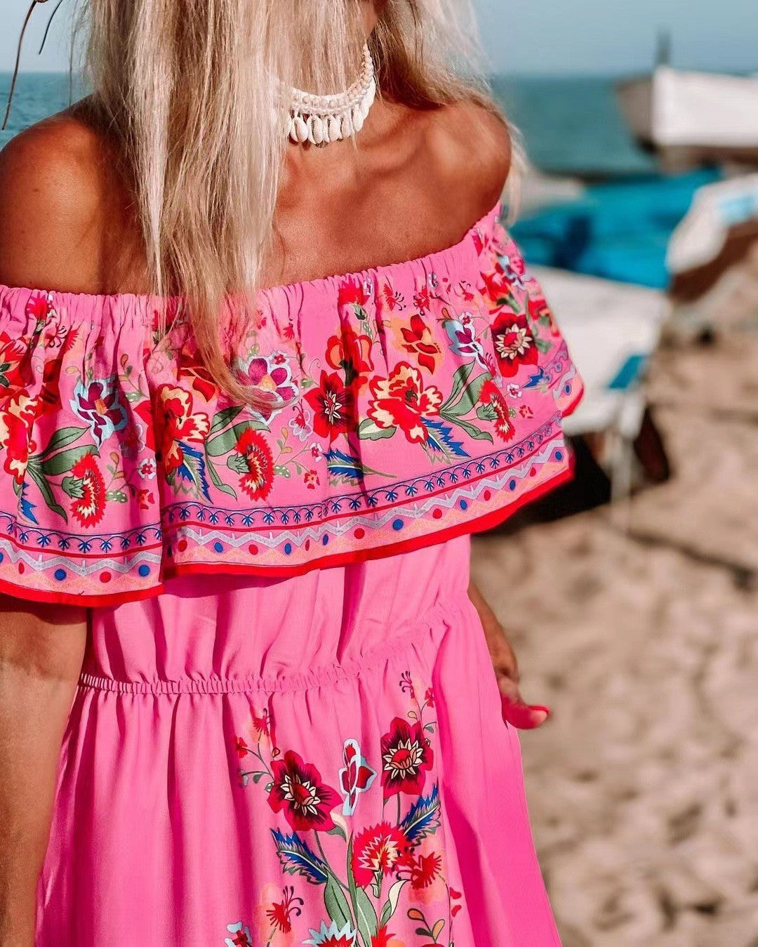 Women’s Maxi Dress – Off-Shoulder Ruffle Neckline – Floral Print – Tiered Skirt – Belted Waist