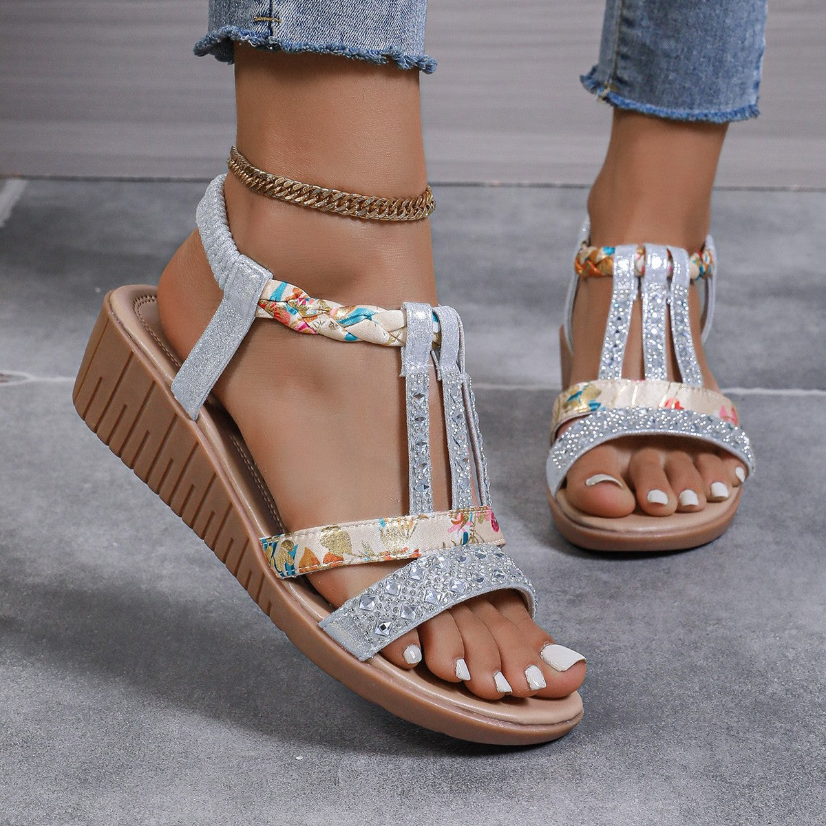 Women’s Wedge Sandals – Medium Heel – Rhinestone T-Strap – Braided Ankle Strap
