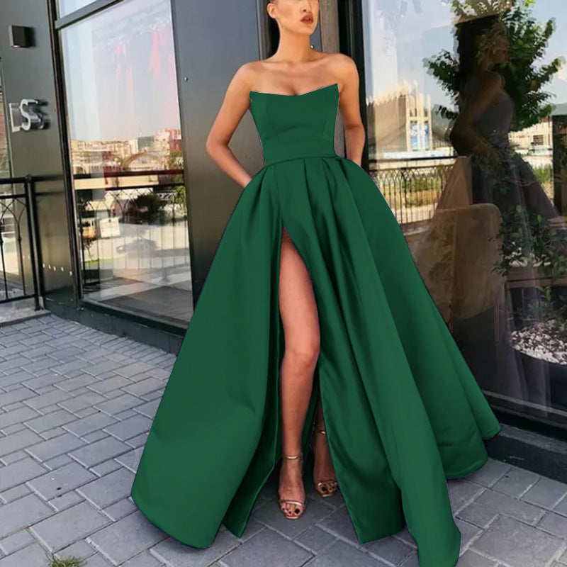 Women’s Evening Gown – Strapless Luxury Fabric – Fitted Bodice – Full Skirt with Slit