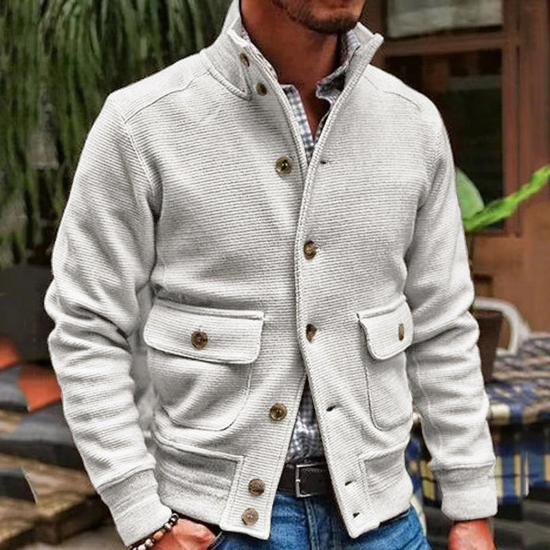Men’s Jacket – Slim Fit – Textured Fabric – High Collar – Button Front – Flap Pockets