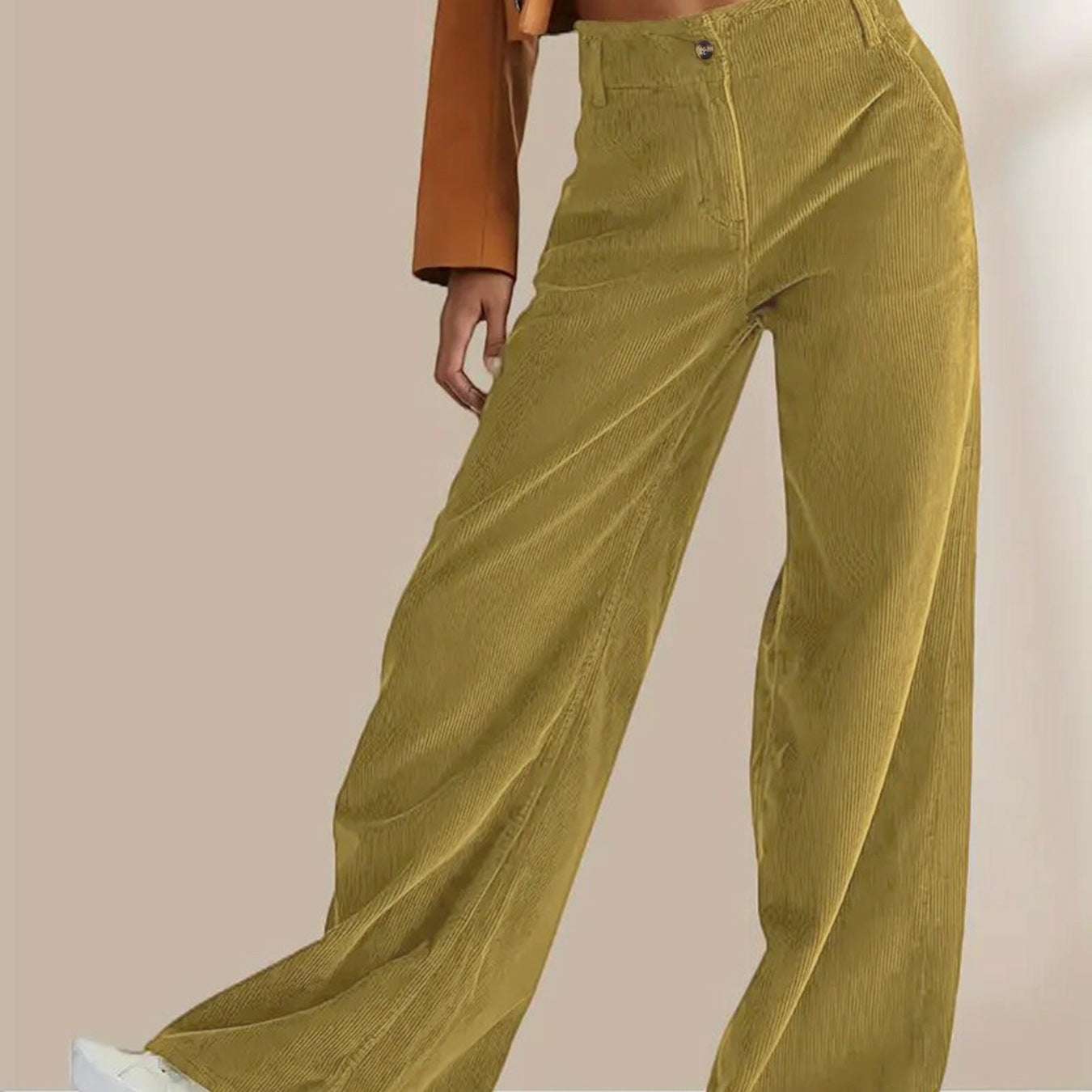 Women’s Corduroy Trousers – High Waist – Straight Leg – Full Length Patch Pockets
