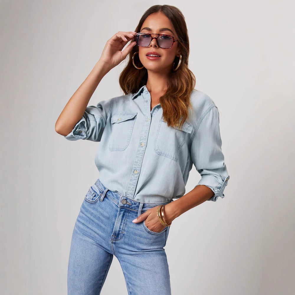 Women’s Denim Shirt – Relaxed Fit – Button Down – Chest Pockets – Long Sleeve Casual