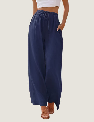 Women’s Wide-Leg Trousers – Linen Blend – Relaxed Fit – Drawstring Waist – Full Length