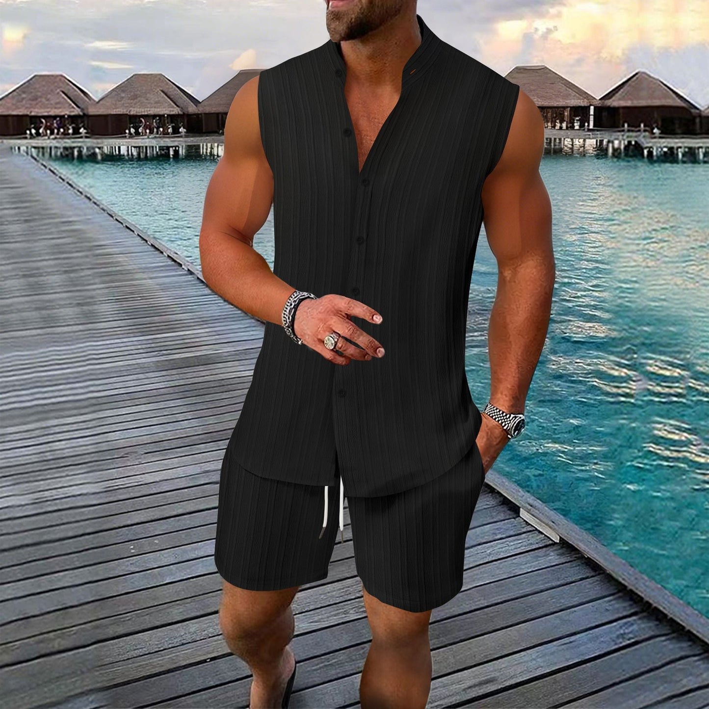 Men’s Shirt and Short Set – Relaxed Fit – Button-Up – Linen – Mandarin Collar