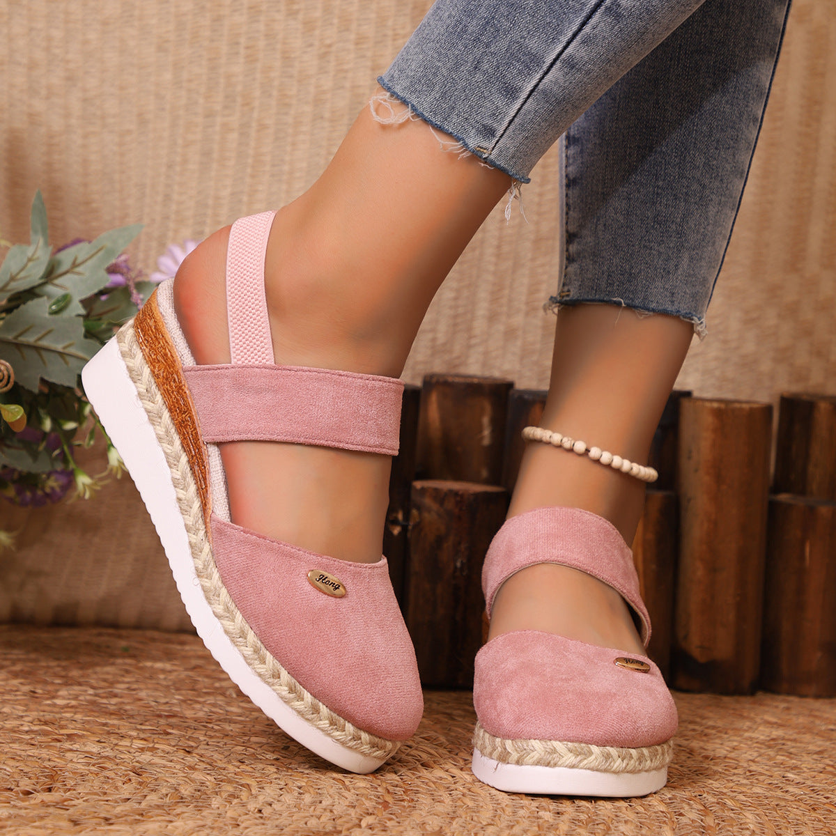 Women’s Wedge Sandals – Closed Toe – Suede-Like Upper – Jute Heel – Wide Straps