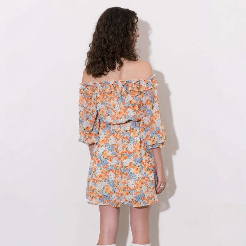Women’s Mini Dress – Chiffon – Strapless Off Shoulder – Floral Print – Flowy Fit