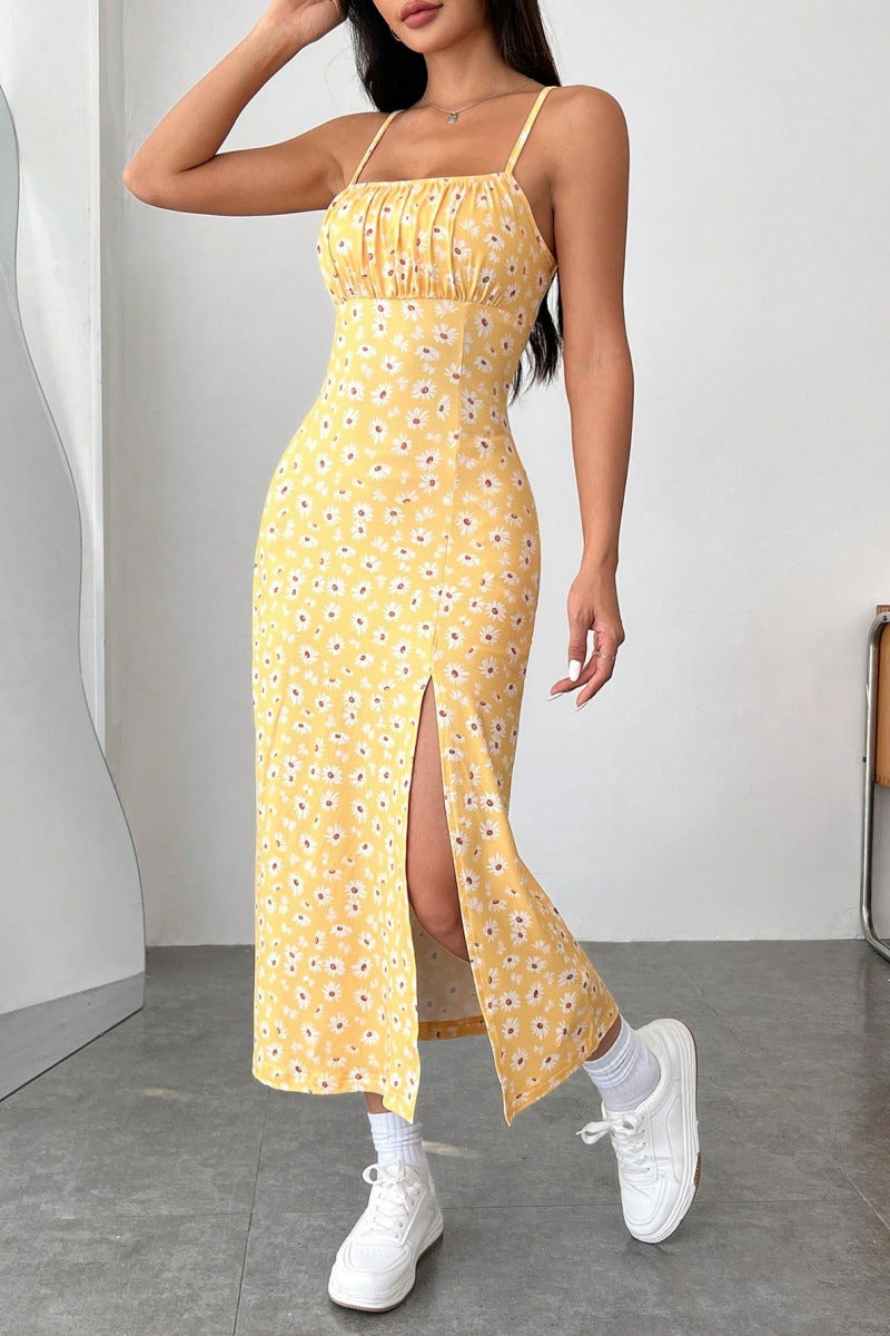 Women’s Sundress – Slim Fit – Bustier Bodice – Spaghetti Straps – Floral Print – Side Slit