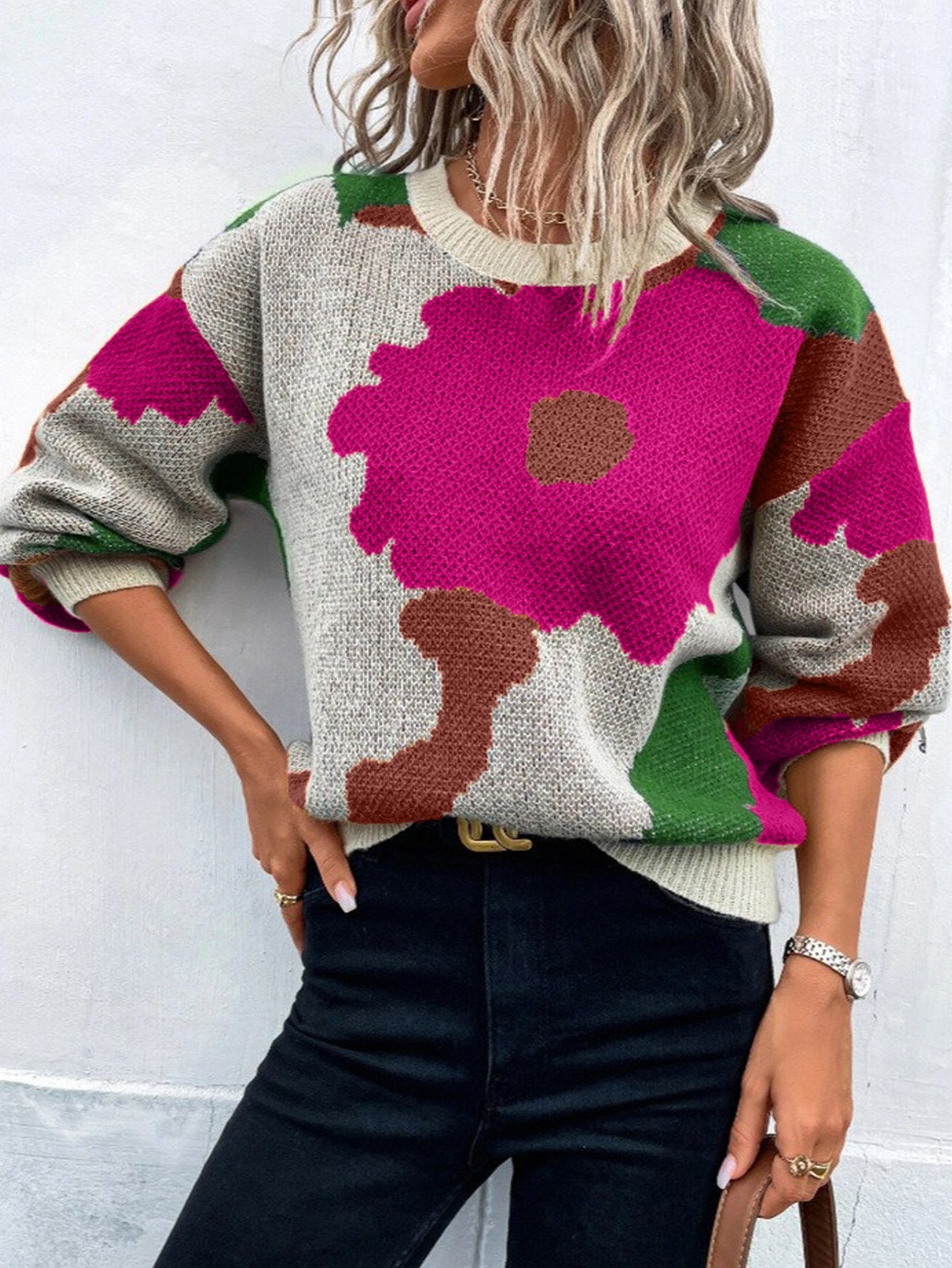 Women’s Pullover Sweater – Knit Fabric – Relaxed Fit – Round Neck – Balloon Sleeves – Patterned