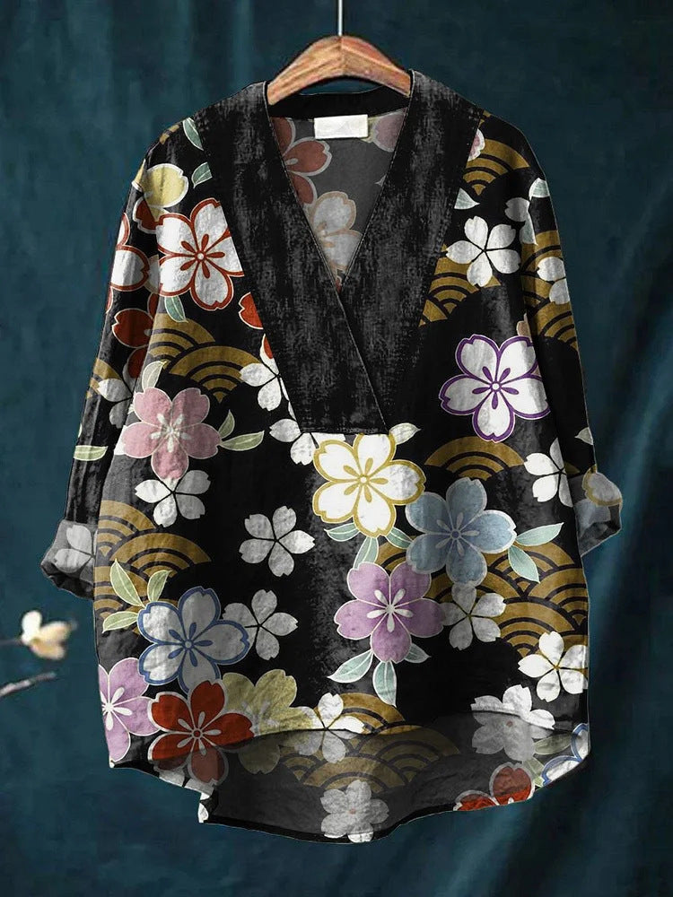 Women’s Long Sleeve Shirt – Relaxed Fit – V-Neck – Digital Print