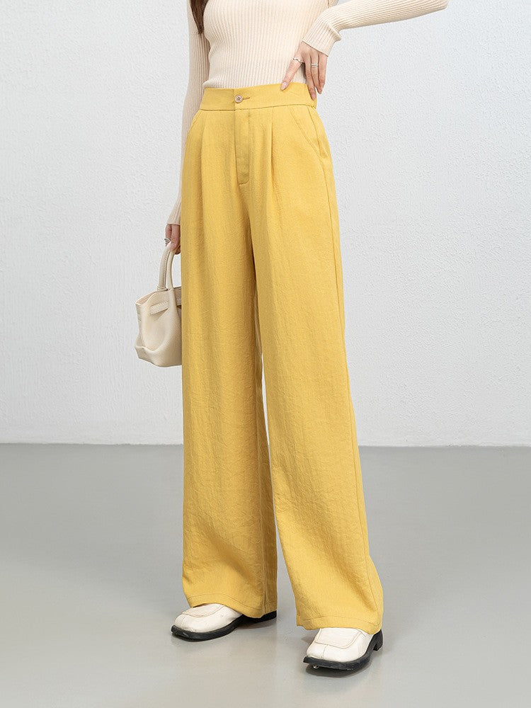 Women’s Wide-Leg Trousers – High Waist – Pleated Front – Full Length – Denim Texture