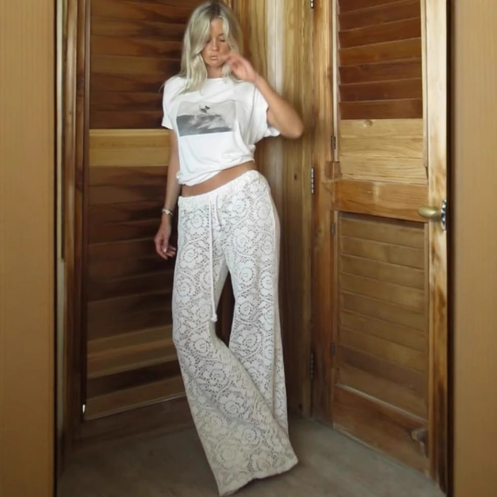 Women’s Wide-Leg Lace Trousers – Sheer Floral Design – Full Length – Elegant Fit
