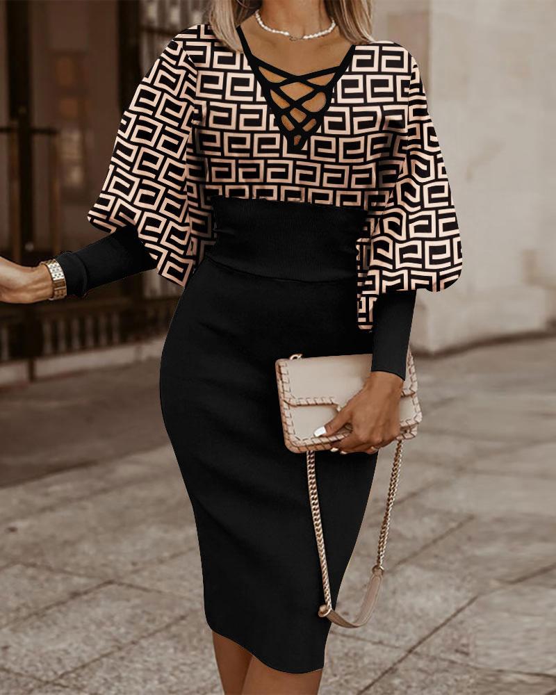 Women’s Bodycon Dress – Crisscross V-Neck – Long Sleeve – Plaid Midi – Waist Cinching