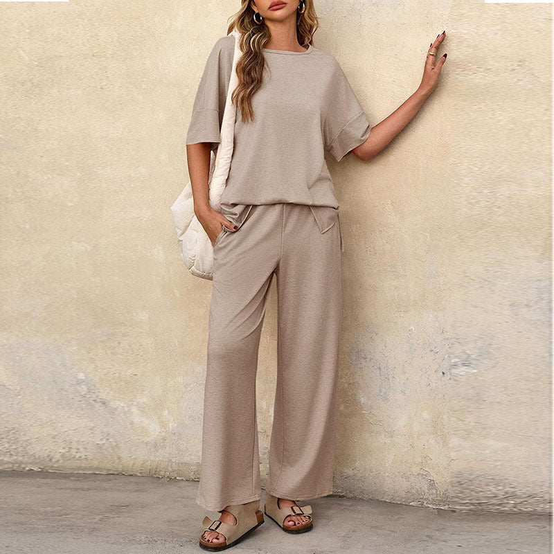 Women’s Two-Piece Set – Cotton Blend – Relaxed Fit – Short Sleeve Top & Wide-Leg Trousers