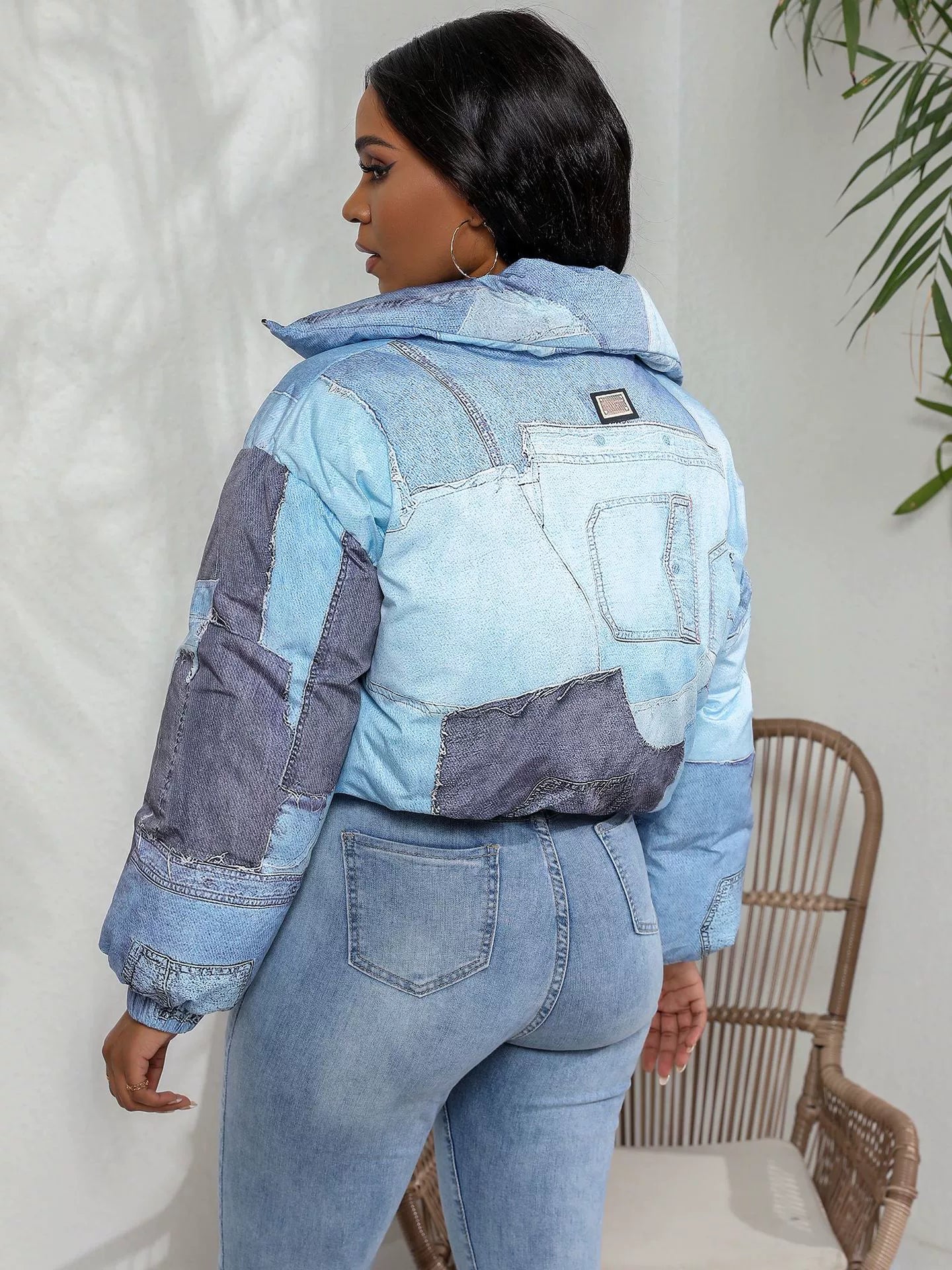 Women’s Jacket – Oversized Puffy Fit – Denim Look – Patchwork Design – Zip Front