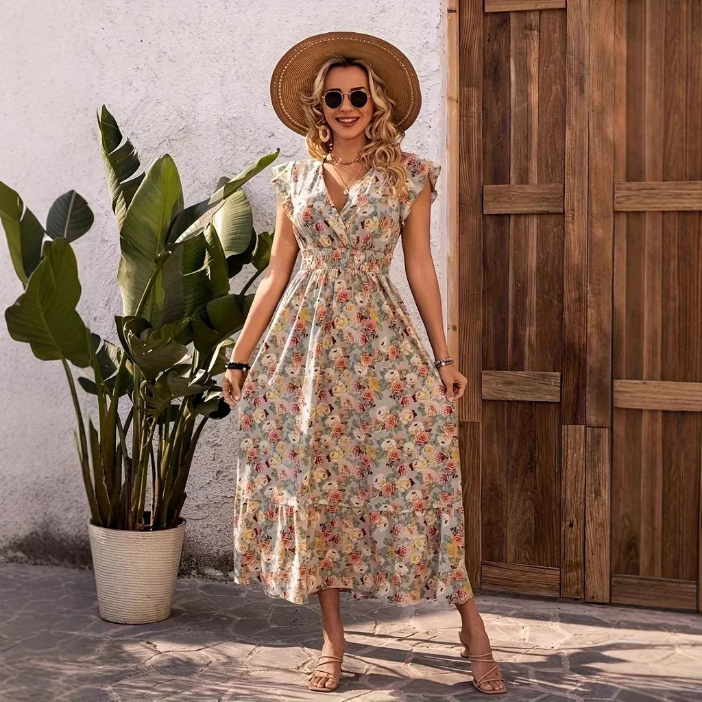 Women’s Maxi Dress – Floral Print – V-Neck – Tiered Skirt – Flutter Sleeves – Cotton Blend