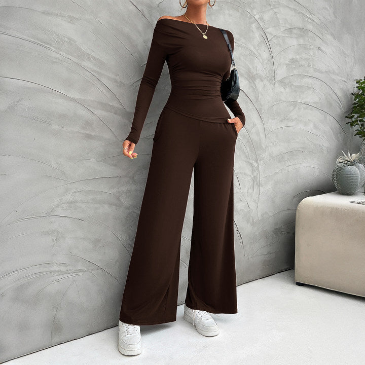Women’s Matching Set – Slim Fit Long Sleeve Top – High Waist Wide Leg Trousers