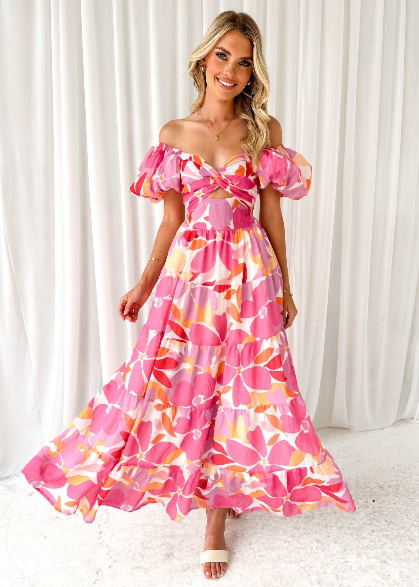 Women’s Maxi Dress – Off-Shoulder – Puff Sleeve – Smocked Waist – Lightweight Printed