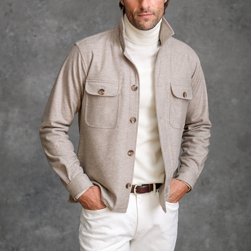 Men’s Wool-Blend Jacket – Tailored Fit – High Collar – Button-Up – Chest Flap Pockets