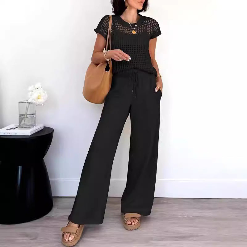 Women’s Two-Piece Set – Open-Knit Top – Wide-Leg Pants – Relaxed Fit – Breathable Fabric
