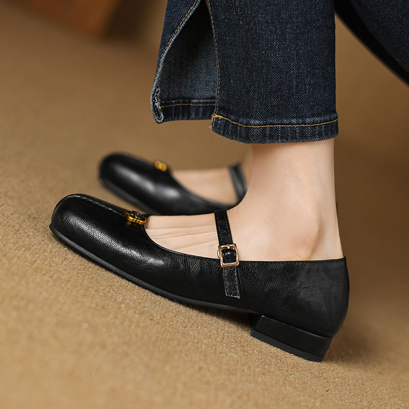 Women’s Flat Shoes – Square Toe – Leather-Look – Buckle Strap – Block Heel Comfortable Fit