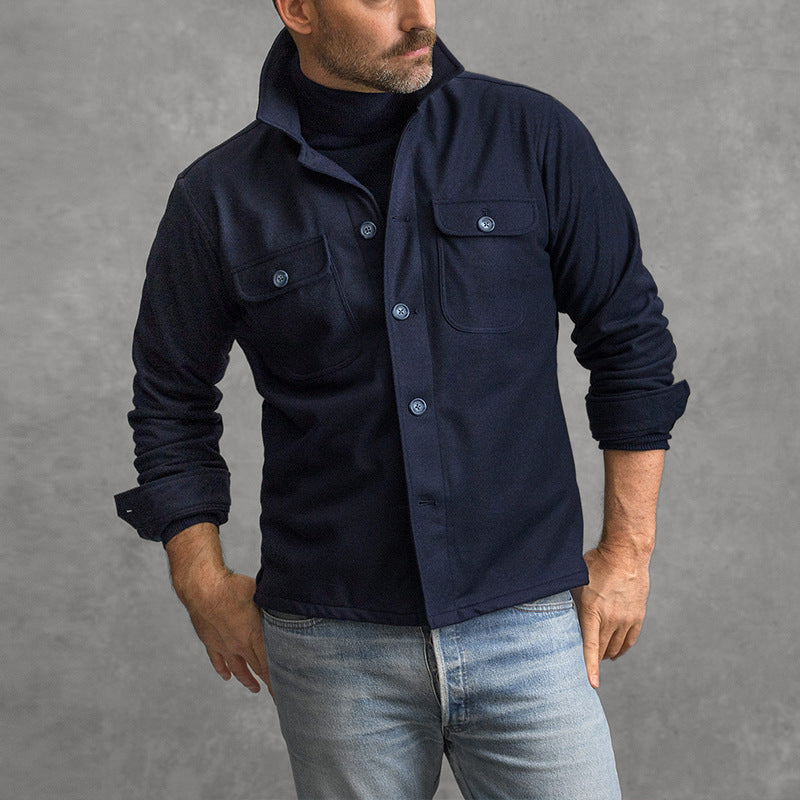 Men’s Wool-Blend Jacket – Tailored Fit – High Collar – Button-Up – Chest Flap Pockets