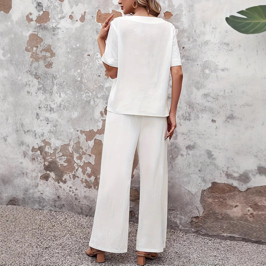 Women’s Two-Piece Set – Relaxed Fit – Wide Leg Trousers – Side Button Detail – Cotton Blend