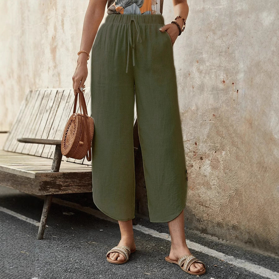 Women’s Cropped Trousers – Cotton Linen Blend – High Waist – Wide Leg – Drawstring Waist