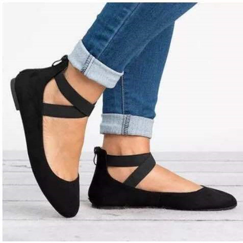 Women’s Ballet Flats – Suede Finish – Elastic Strap – Rounded Toe – Slim Fit