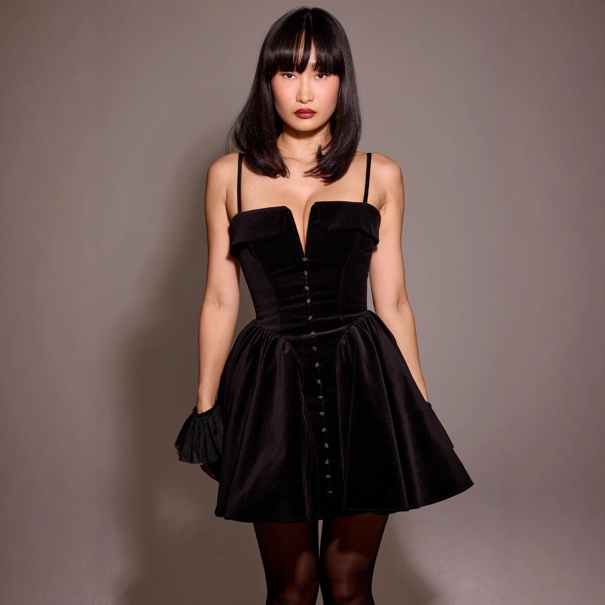 Women’s Mini Dress – Velvet – V-Neck – A-Line Fit – Thin Straps – Button Front