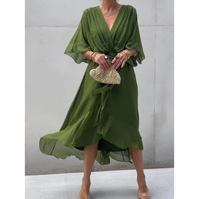 Women’s Maxi Dress – Relaxed Fit – Batwing Sleeves – Tie Waist – Asymmetrical Hem