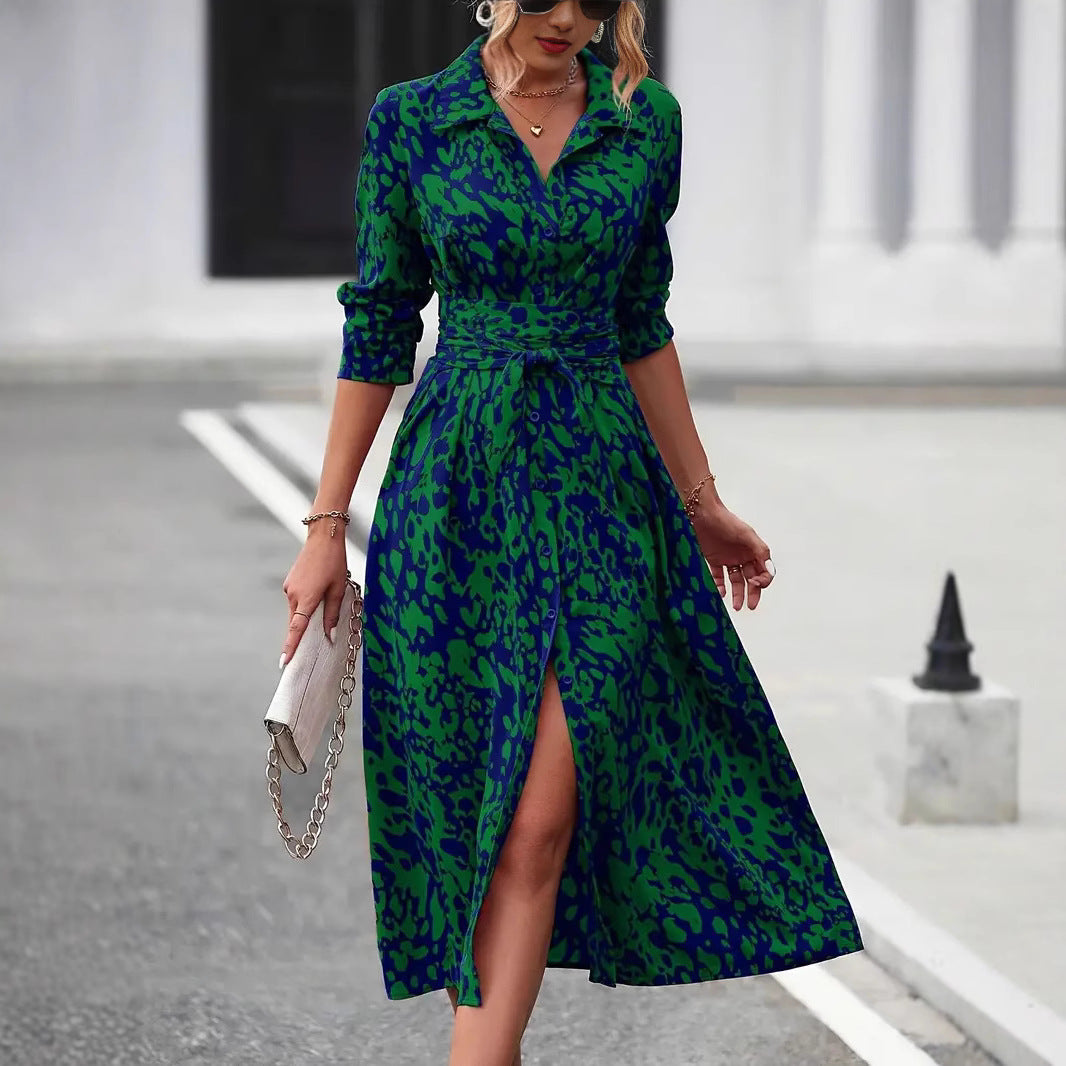 Women’s A-Line Dress – Button Down – Waist Tie – Midi Length – Breathable Blend