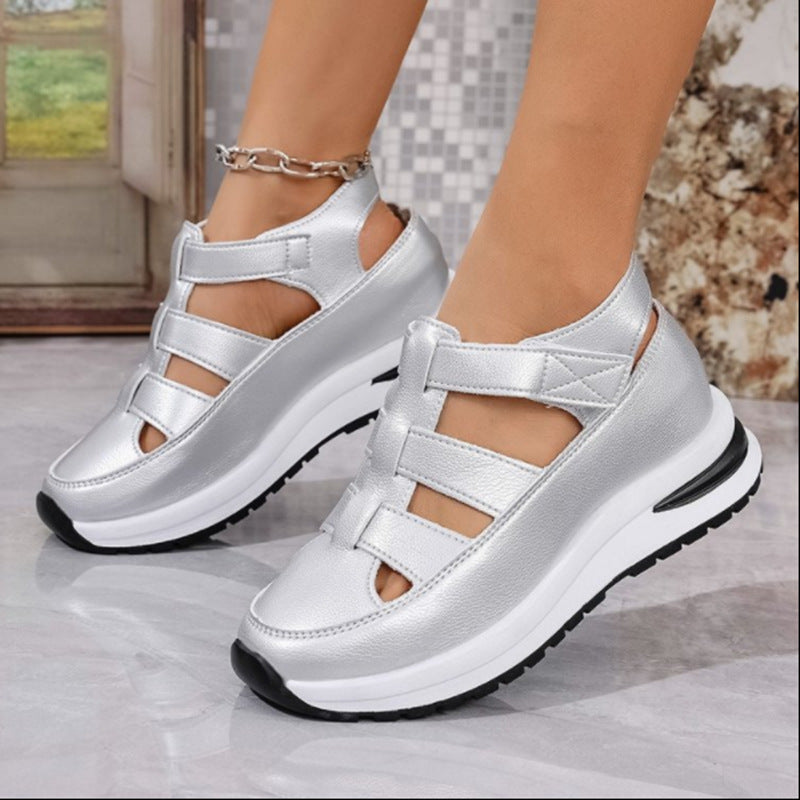 Women’s Wedge Sandals – Faux Leather – Closed Toe – Cut-Out – Velcro Strap – Cushioned Sole