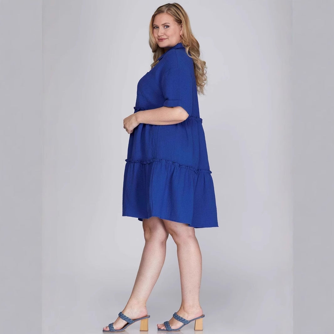 Women’s Mini Dress – Cotton Linen Blend – Loose Fit – Tiered – Collared Short Sleeve