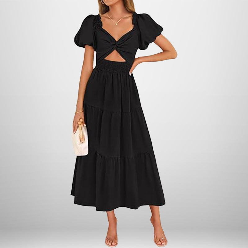Women’s Long Dress – V-Neck – Puff Sleeve – Smocked Waist – Tiered A-Line Skirt
