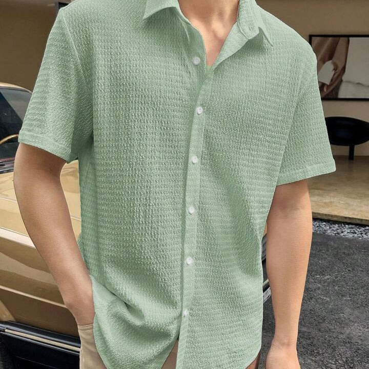 Men’s Short Sleeve Shirt – Cotton Blend – Regular Fit – Textured Button-Front Casual