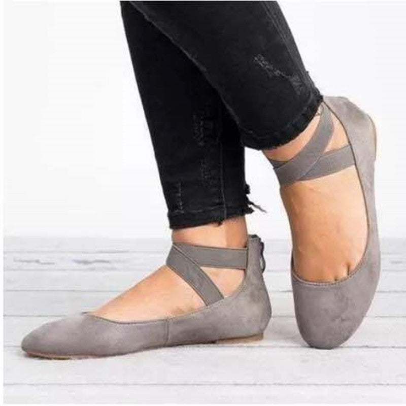 Women’s Ballet Flats – Suede Finish – Elastic Strap – Rounded Toe – Slim Fit
