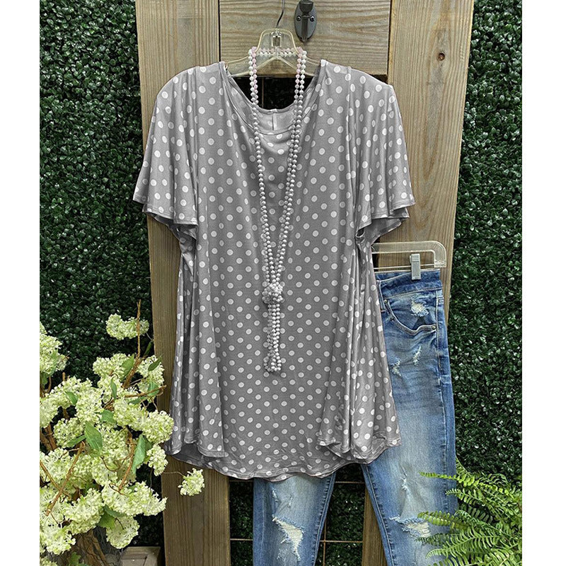 Women’s Tunic Top – Relaxed Fit – Short Sleeve – Polka Dot – Breathable Blend