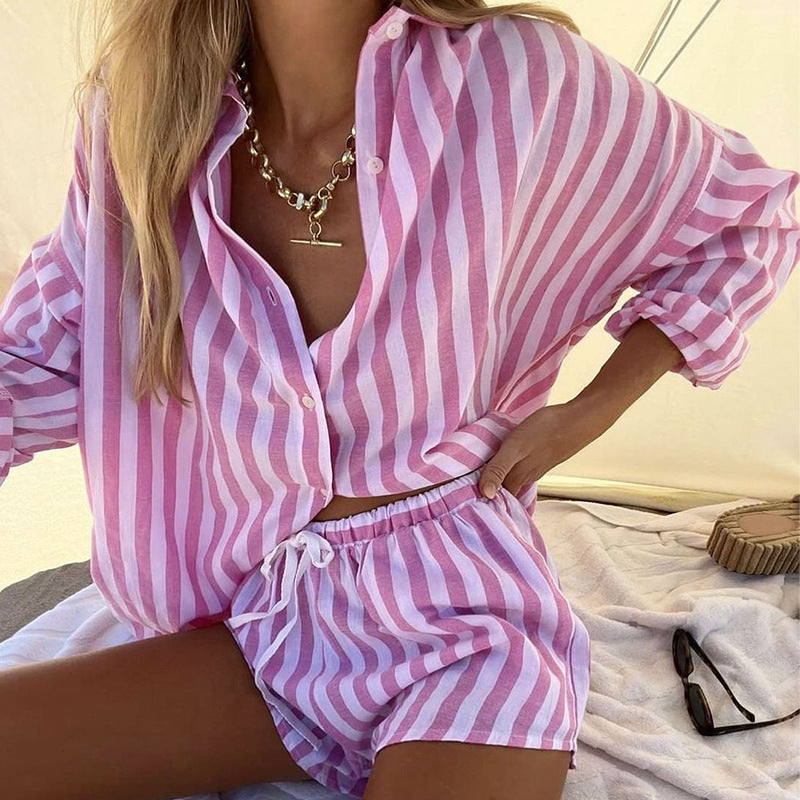 Women’s Two-Piece Set – Lightweight Button-Up Top & Relaxed Fit Shorts – Casual Wear
